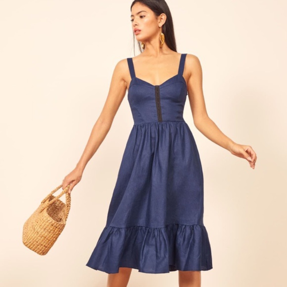 BNWT Reformation Dolci Midi Dress Navy Denim M